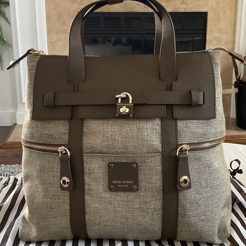 Henri Bendel Jetsetter Canvas Tote with Brown Leather Trim